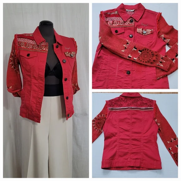 Desigual Red Embroidered Jean Jacket with Patterned Sleeves / 38 - Picture 5 of 10